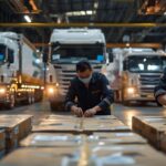 Ekspedisi Aman, Petugas logistik sedang membungkus paket besar dengan bubble wrap dan kardus kuat untuk pengiriman cargo darat