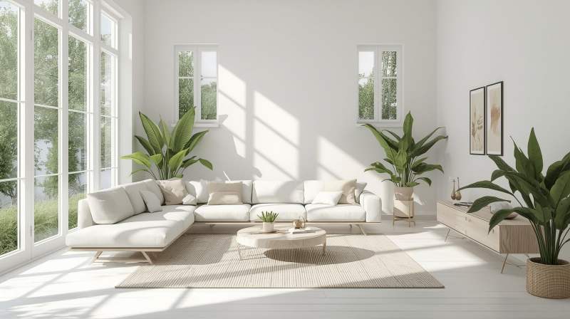 Ruangan rumah terang dengan tanaman hias dan ventilasi alami yang membuat suasana sejuk tanpa AC.