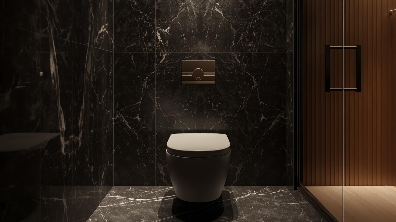 WC pintar berdesain minimalis yang memberikan kesan mewah sekelas hotel pada kamar mandi modern.