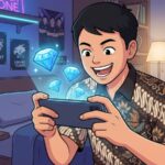 Pemain Mobile Legends sedang melakukan top up ML aman dan cepat menggunakan smartphone