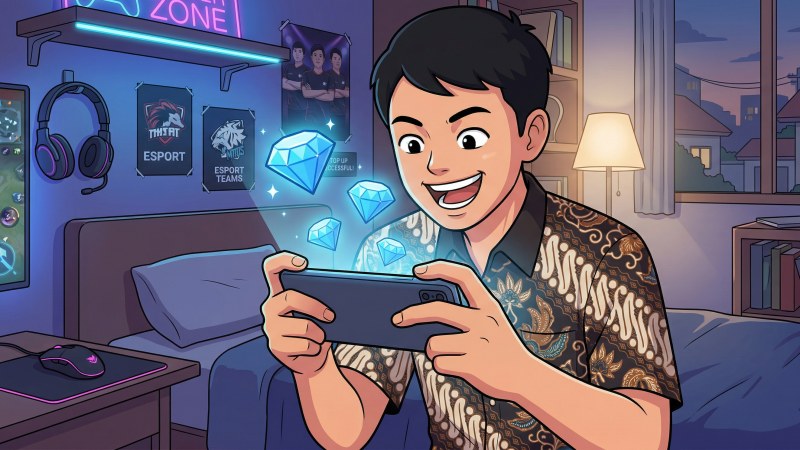 Pemain Mobile Legends sedang melakukan top up ML aman dan cepat menggunakan smartphone