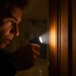 Pemilik rumah sedang memeriksa kusen kayu berlubang dengan senter untuk mencari tahu penyebab mengapa rayap bisa muncul di rumah.