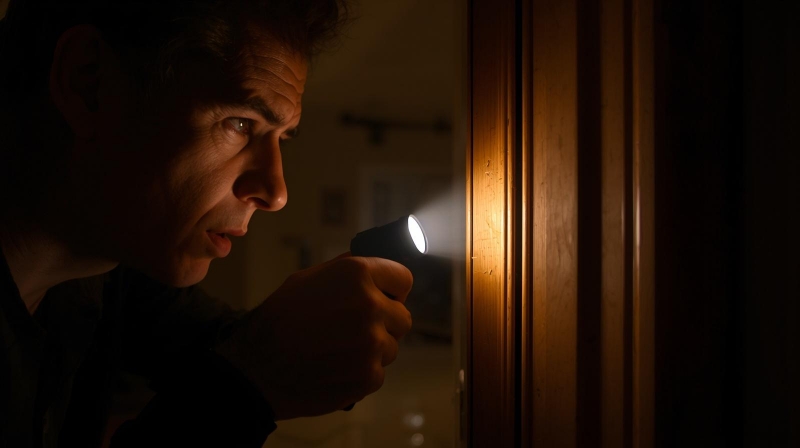 Pemilik rumah sedang memeriksa kusen kayu berlubang dengan senter untuk mencari tahu penyebab mengapa rayap bisa muncul di rumah.