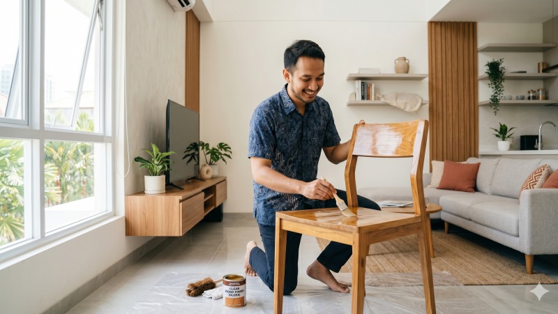 Mengaplikasikan pelapis sebagai cara mencegah rayap pada kayu dan furniture rumah.