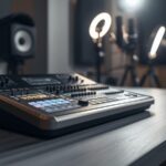 Setup perlengkapan produksi konten dengan console audio video all-in-one di meja studio modern. RØDECaster Video S