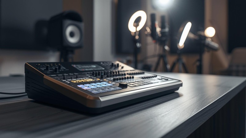 Setup perlengkapan produksi konten dengan console audio video all-in-one di meja studio modern. RØDECaster Video S