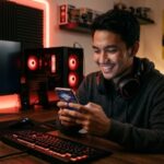 Pemuda Indonesia senang setelah berhasil melakukan top up diamond ff untuk event game.