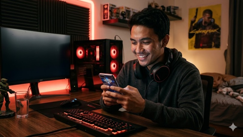 Pemuda Indonesia senang setelah berhasil melakukan top up diamond ff untuk event game.