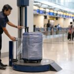 Petugas membungkus koper dengan plastic wrap di area keberangkatan bandara.