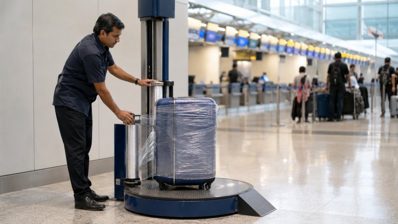Petugas membungkus koper dengan plastic wrap di area keberangkatan bandara.