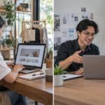 Pemilik bisnis membandingkan membuat website sendiri dan menggunakan bantuan web developer.