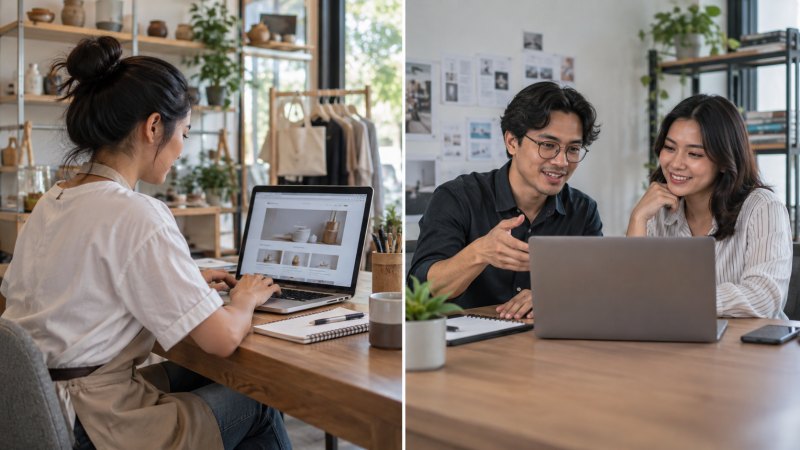 Pemilik bisnis membandingkan membuat website sendiri dan menggunakan bantuan web developer.