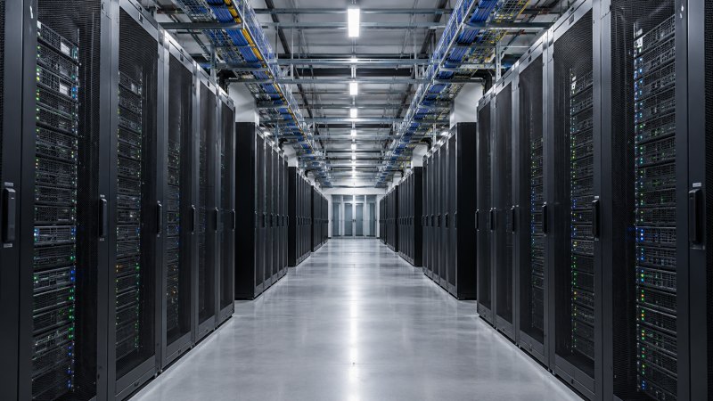 Ilustrasi lorong data center dengan deretan rak server hitam dan jalur kabel di langit-langit.