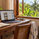 Laptop, buku catatan, dan koper di dekat jendela untuk merencanakan perjalanan pertama kali ke Bali.
