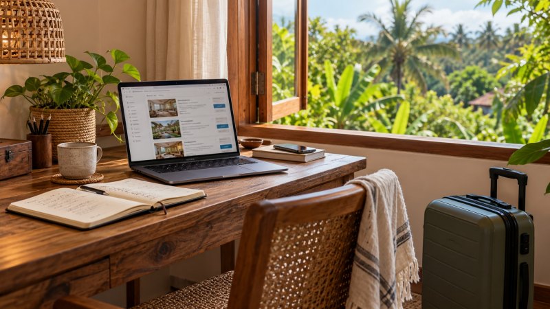 Laptop, buku catatan, dan koper di dekat jendela untuk merencanakan perjalanan pertama kali ke Bali.