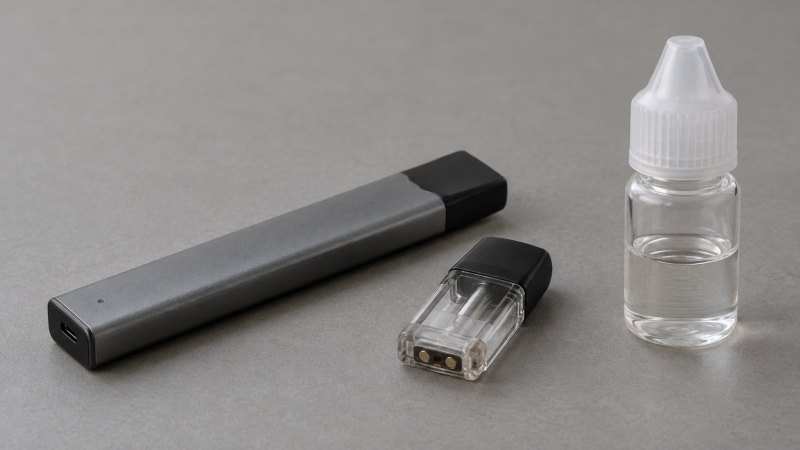 Ilustrasi pod dan liquid berupa perangkat rokok elektronik, cartridge terpisah, dan botol cairan tanpa label